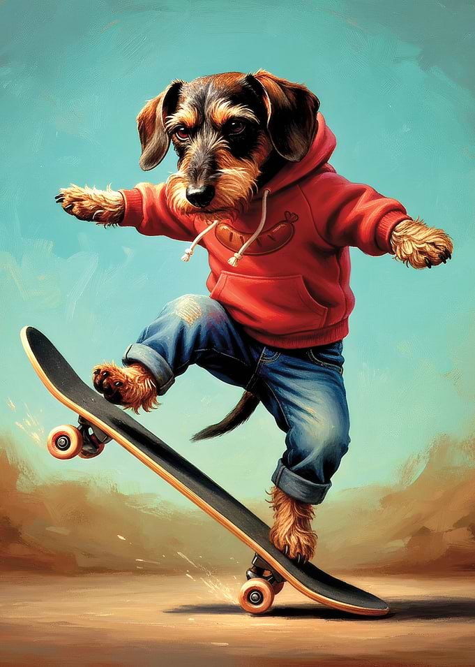 Skateboarding Dachshund in Hoodie