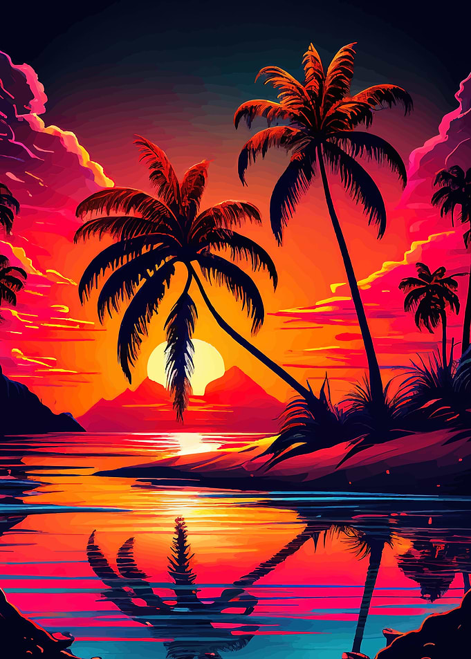 Vibrant Tropical Sunset with Palm Trees