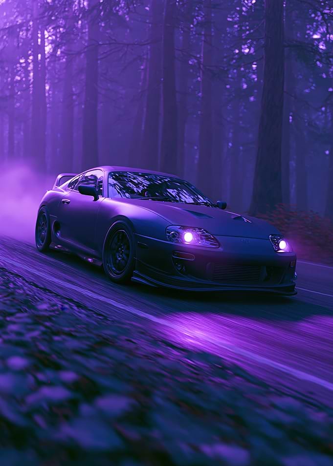 Purple Supra Driving Through Forest