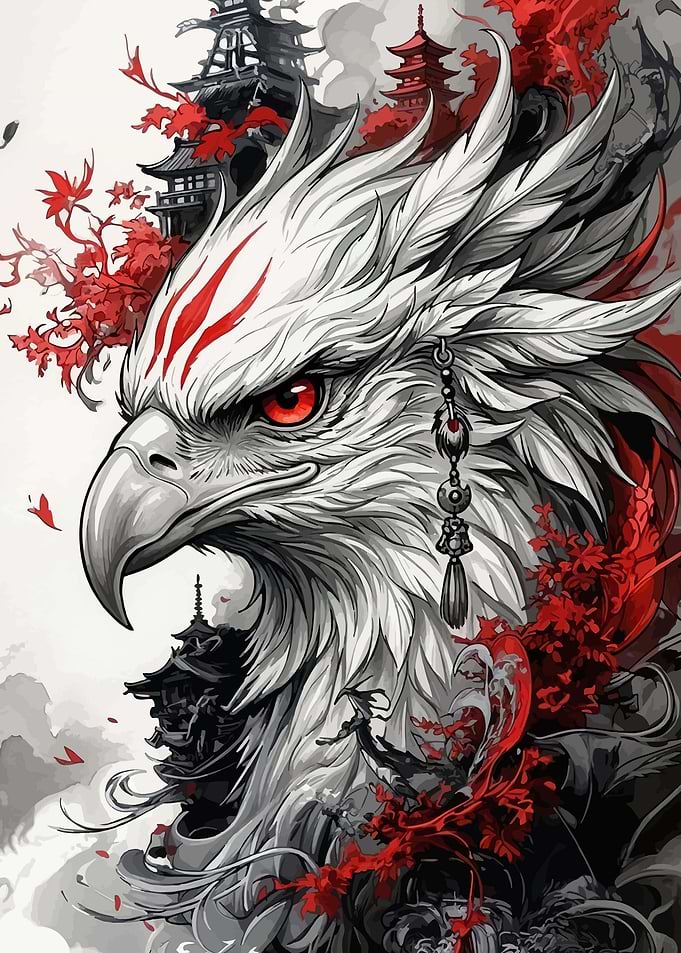 Majestic Eagle with Japanese Temple Background