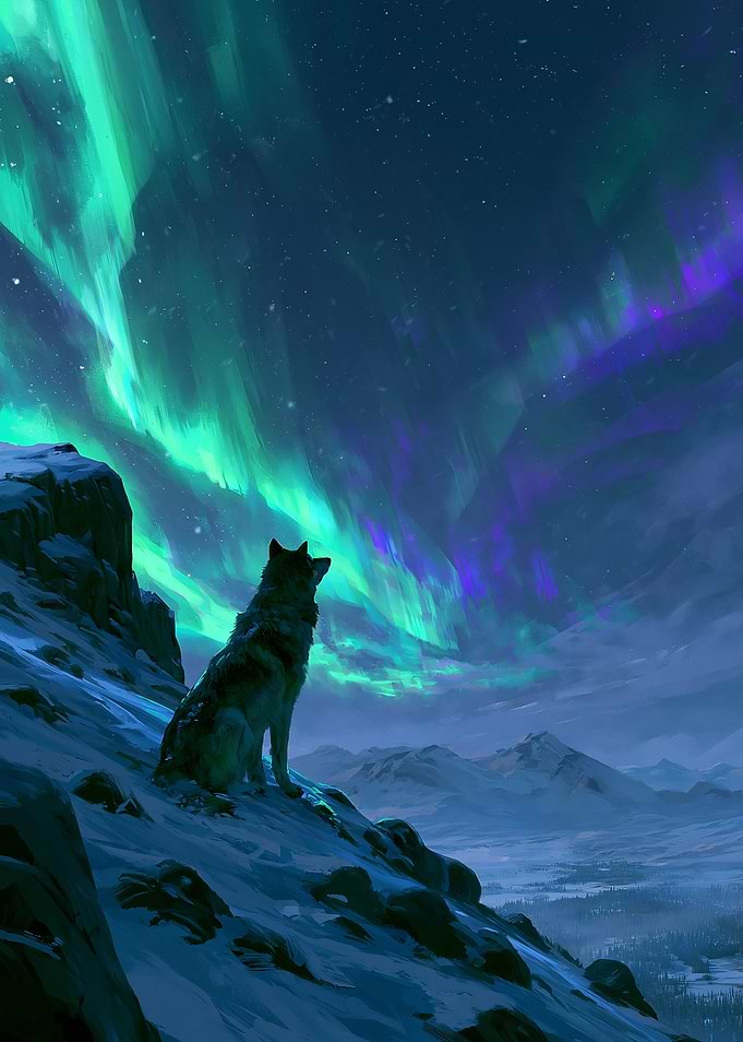 Wolf Under the Aurora Borealis