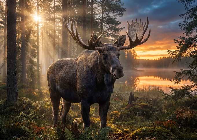 Majestic Moose in Misty Forest Sunrise
