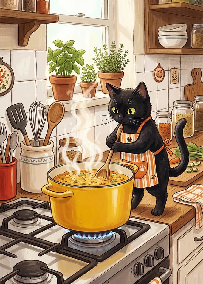 Black Cat Cooking Soup in Kitchen