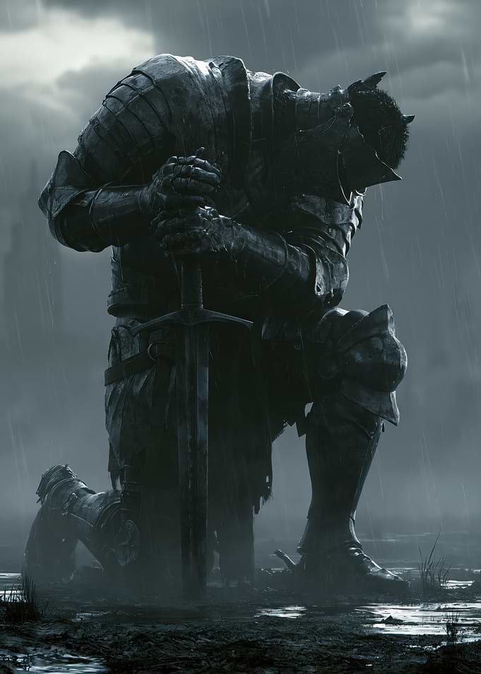 Knight Kneeling in Rain