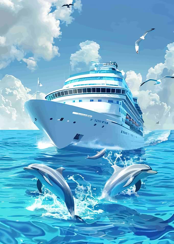 Cruise Ship with Dolphins and Seagulls