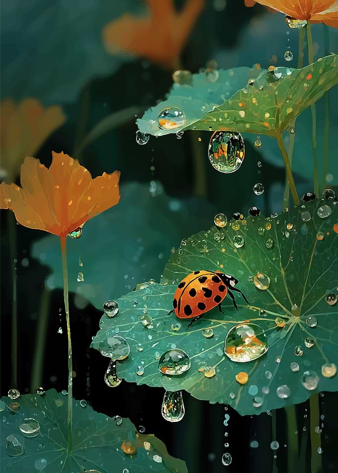 Ladybug on a wet lotus leaf