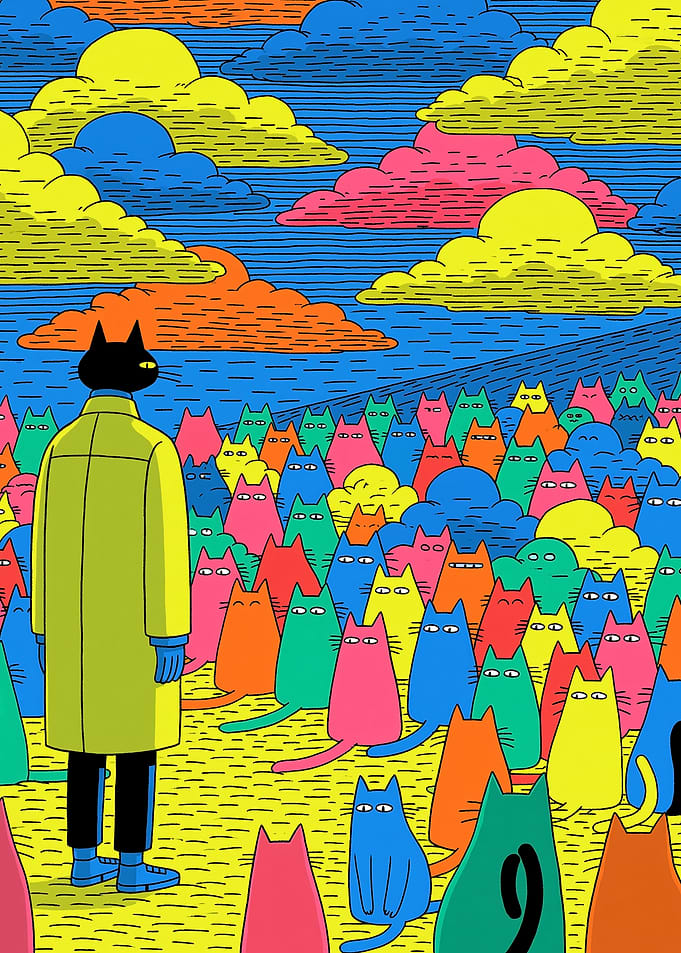 Black Cat in Yellow Coat Among Many Cats