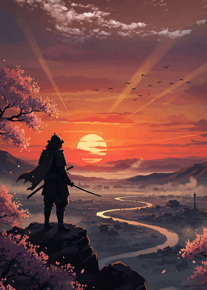 Samurai Overlooking a Valley at Sunset