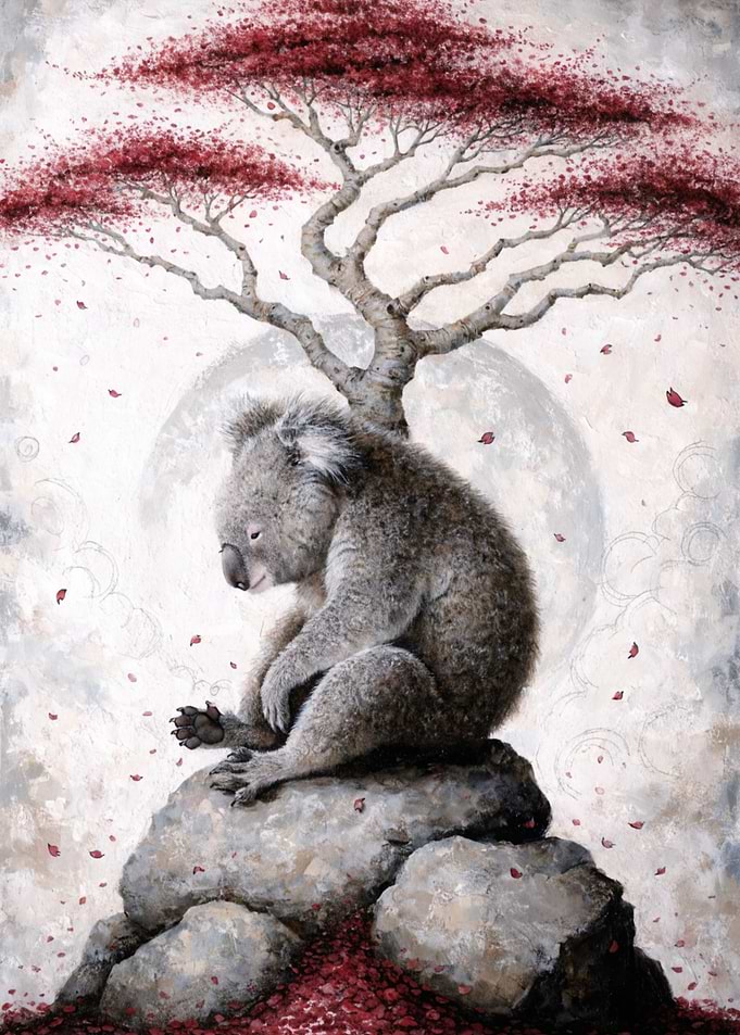 Koala under a blooming tree