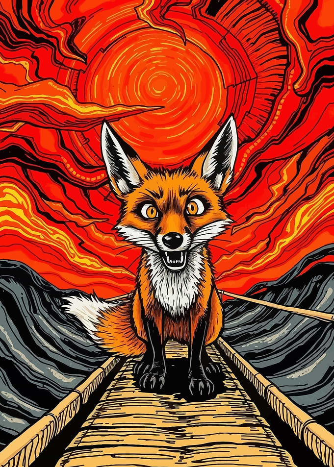 Fox on a raft under a fiery sun