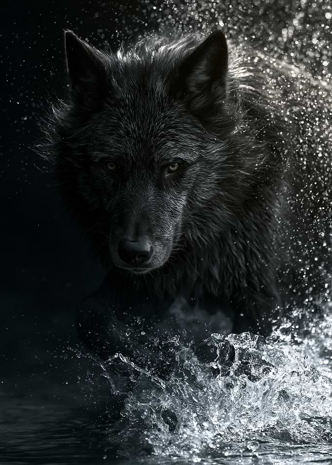 Black Wolf Emerging from Water