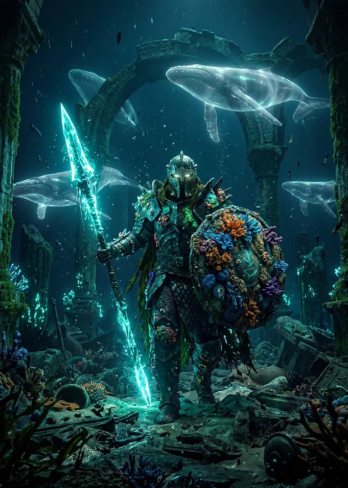 Underwater Knight with Glowing Spear