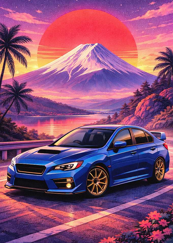 Blue Subaru WRX with Mount Fuji Sunset