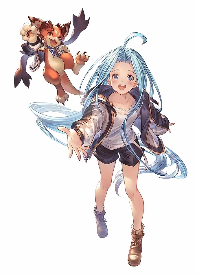 Anime girl with blue hair and a fox companion