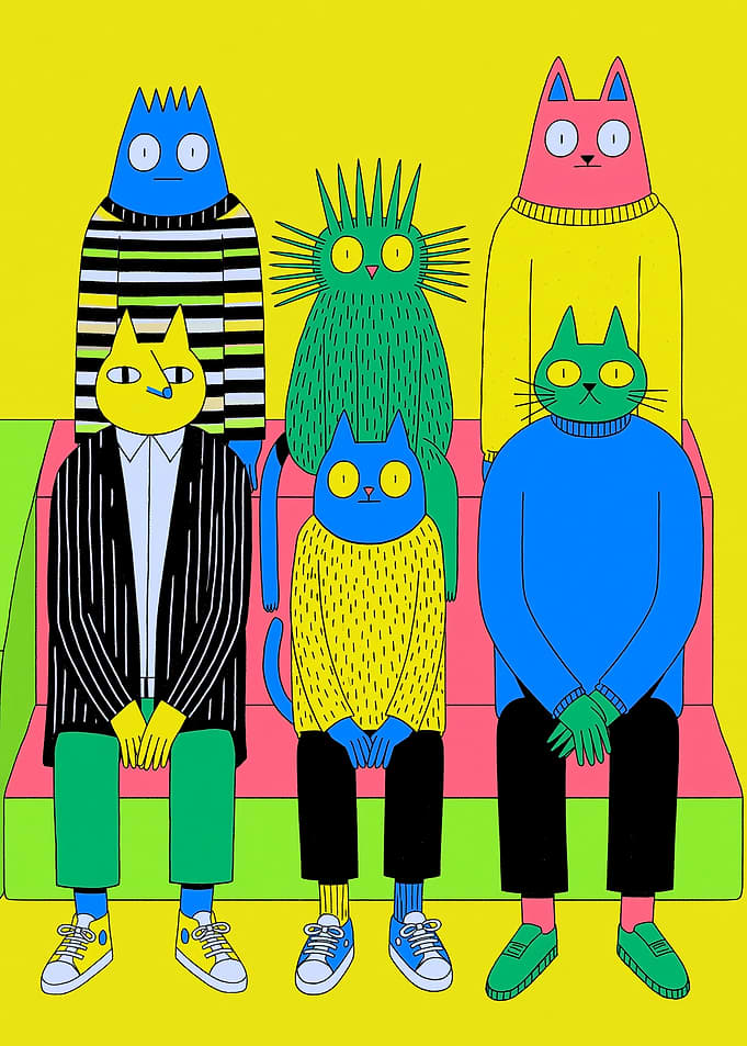 Group of Stylized Cats Sitting Together