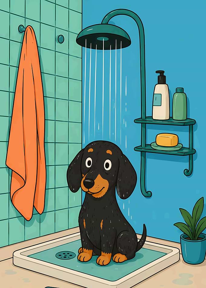 Cute Dachshund Dog in Shower