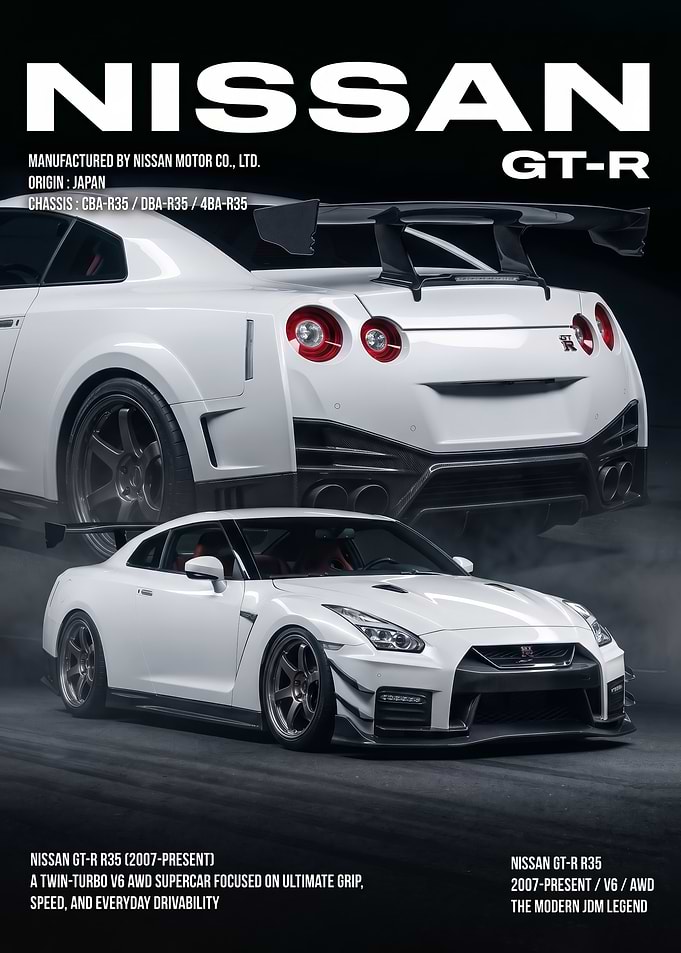 sleek white Nissan GT-R R35 car poster
