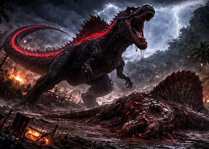 Dinosaurs in a stormy jungle