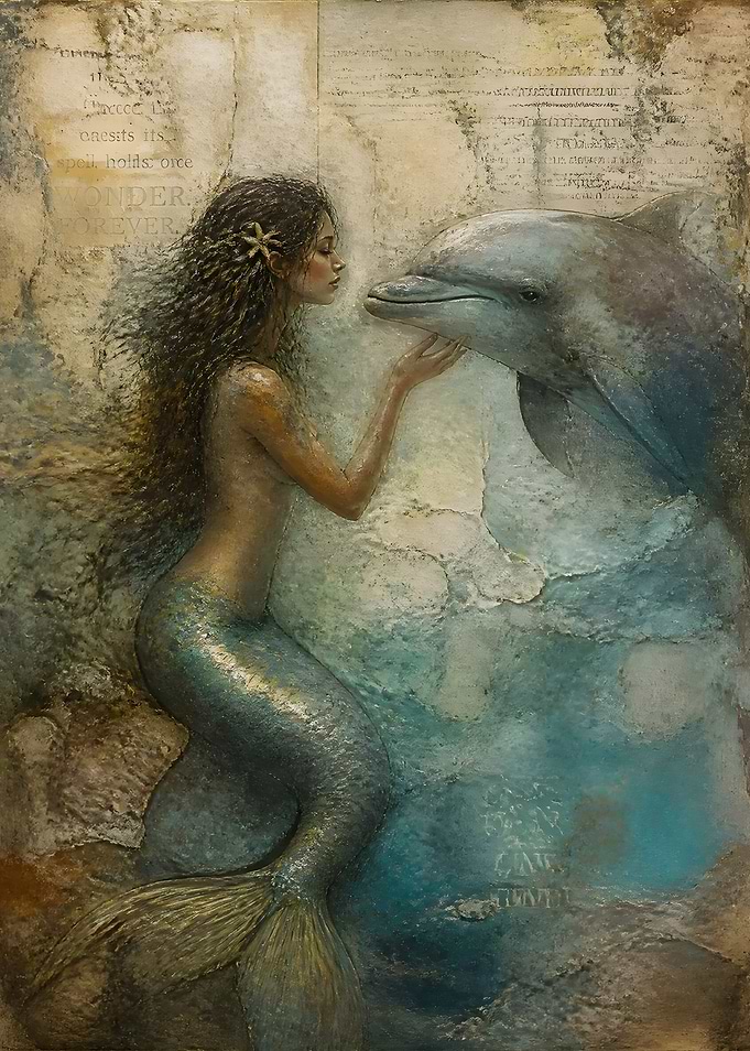Mermaid and Dolphin Embrace