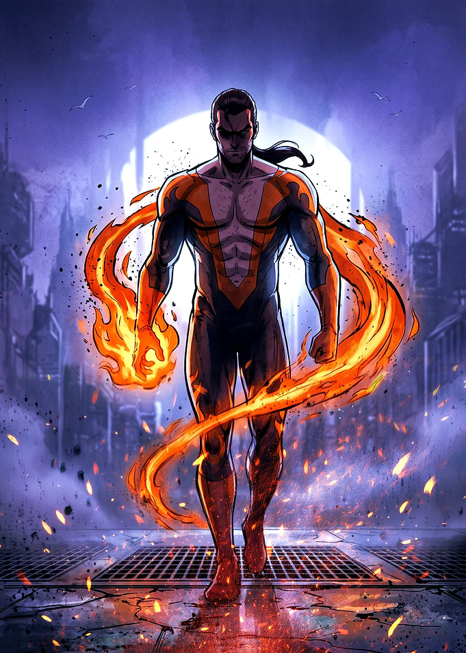 Superhero with Fire Powers in City