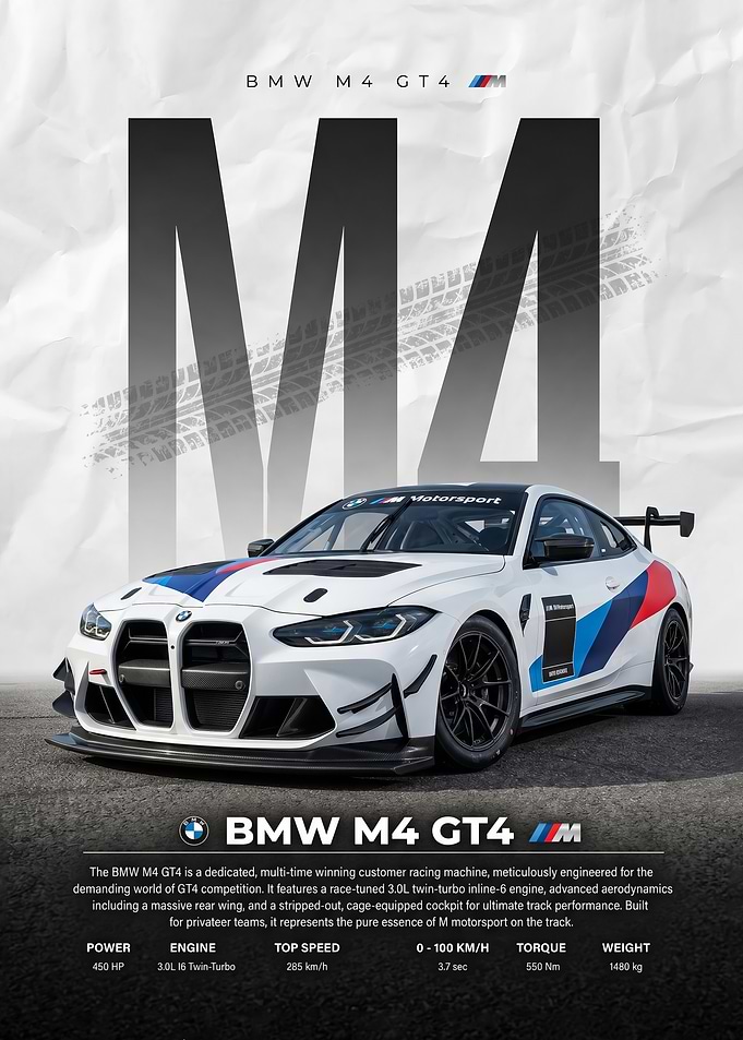 A dynamic sleek BMW M4 GT4 Race Car poster