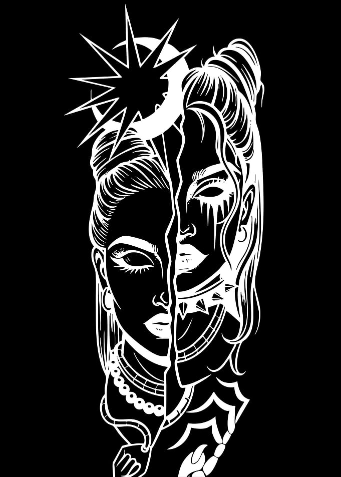 Dual-Faced Woman with Celestial Elements