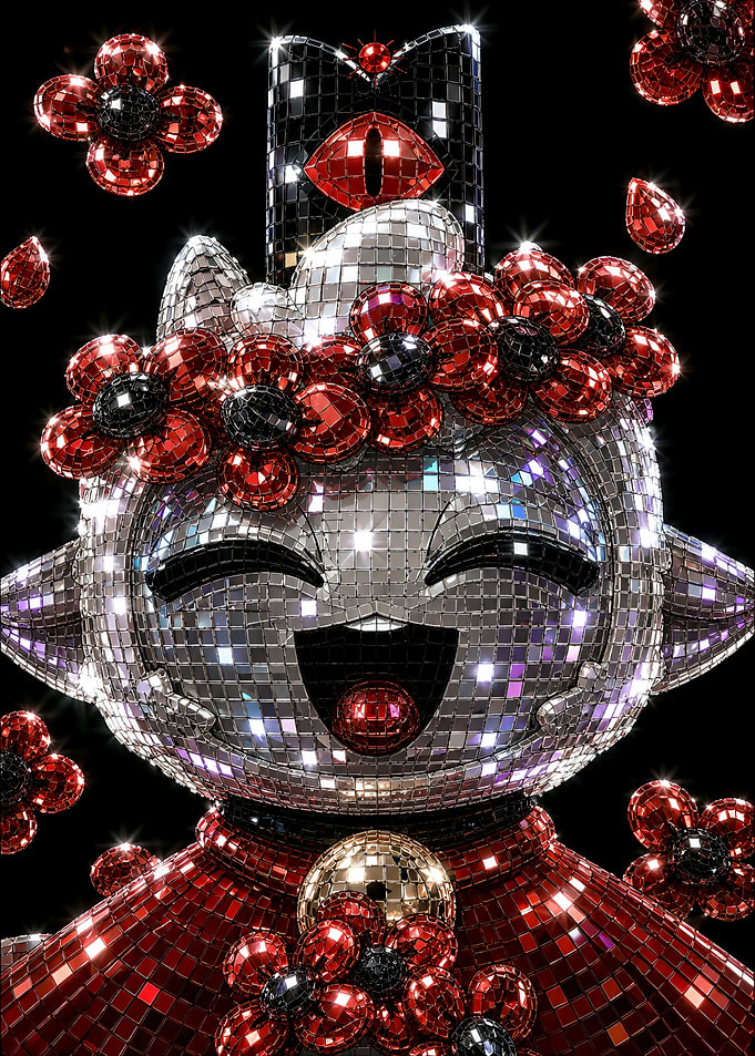 Disco Ball Character with Red Flowers