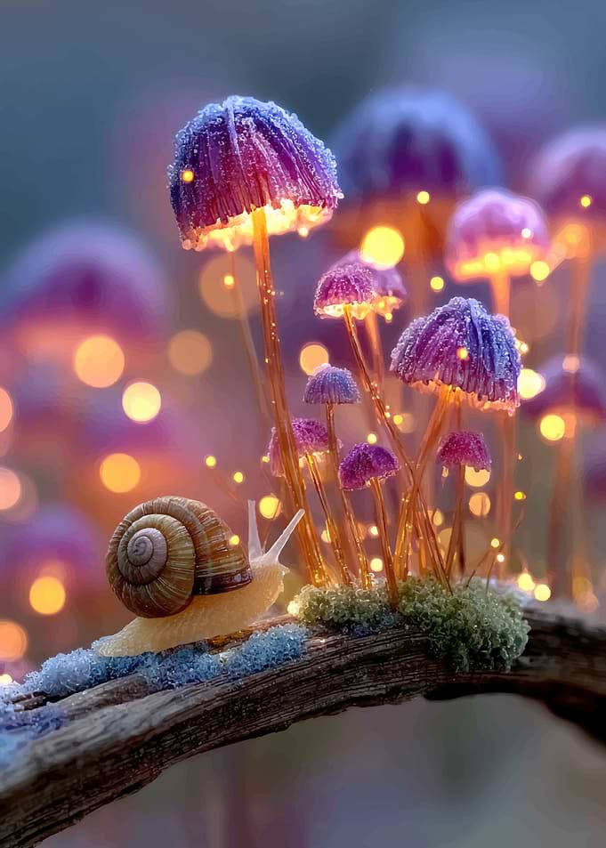 Magical Snail and Glowing Mushrooms