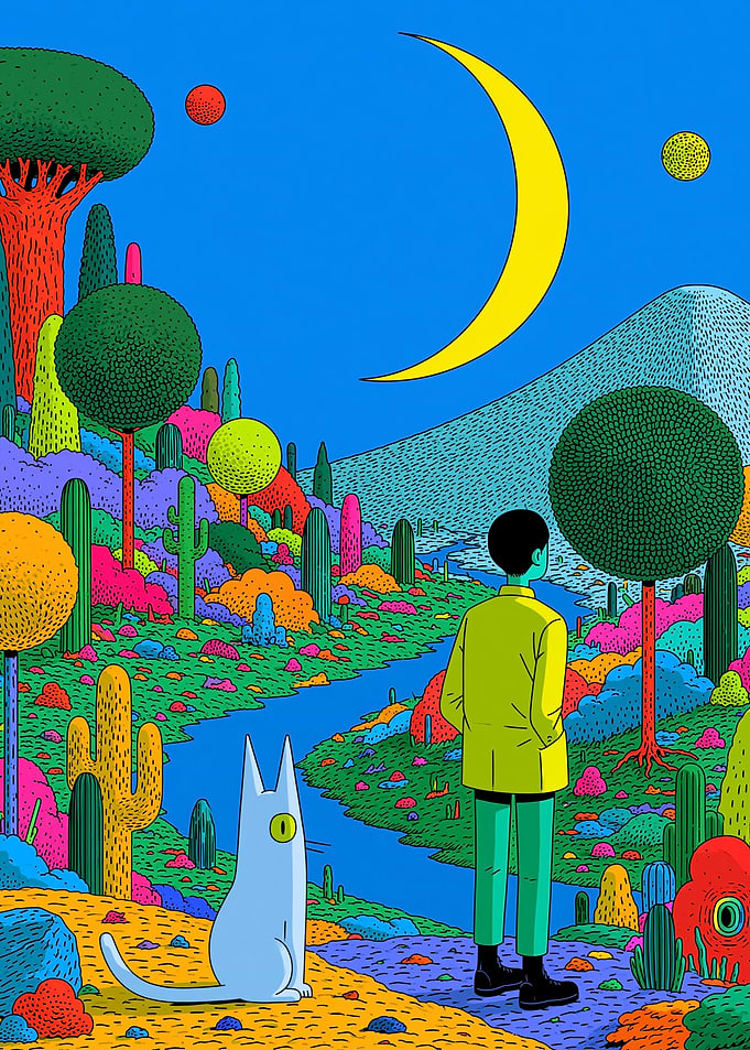 Surreal Landscape with Cat and Boy