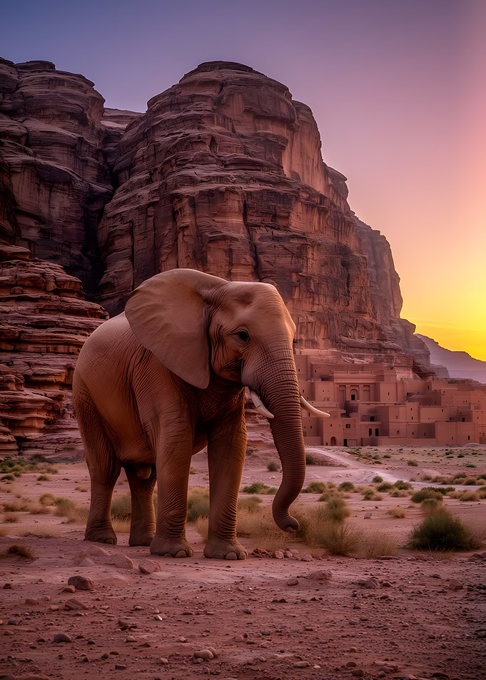 Elephant in ancient desert city at sunset