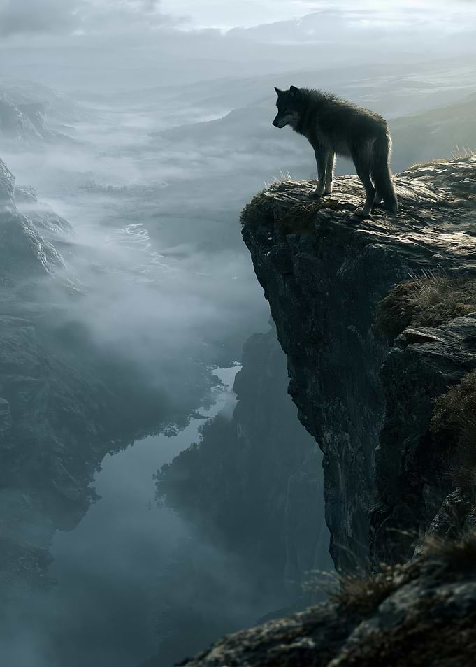 Wolf on a cliff overlooking a misty valley