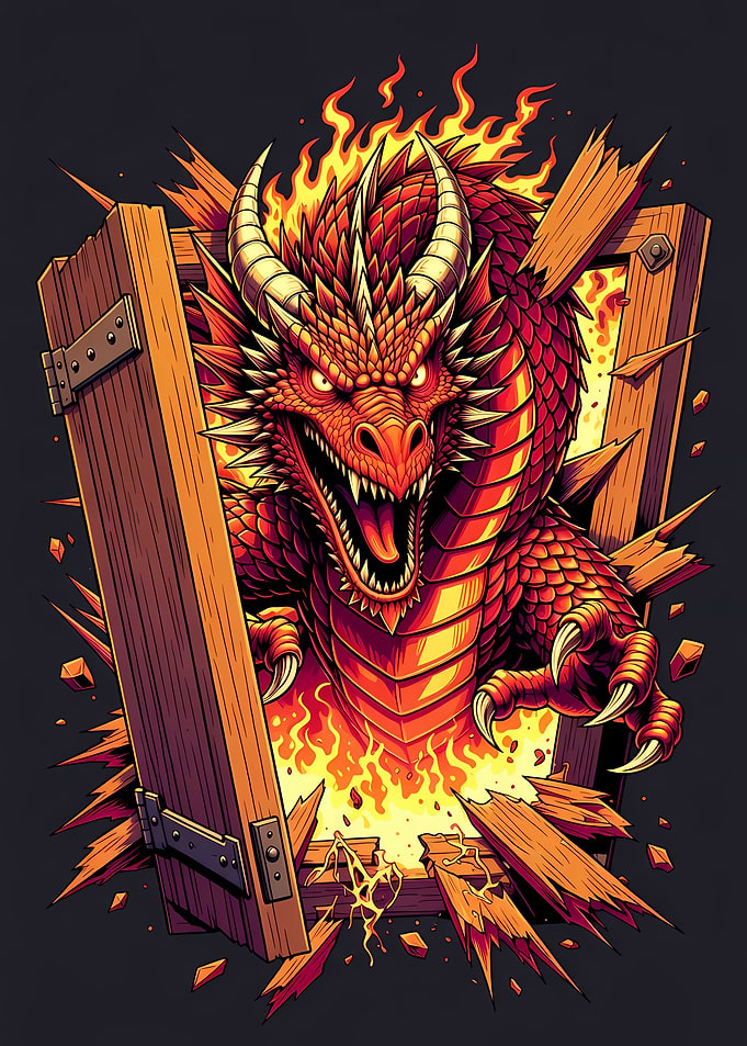 Fiery Dragon Breaking Through Wood