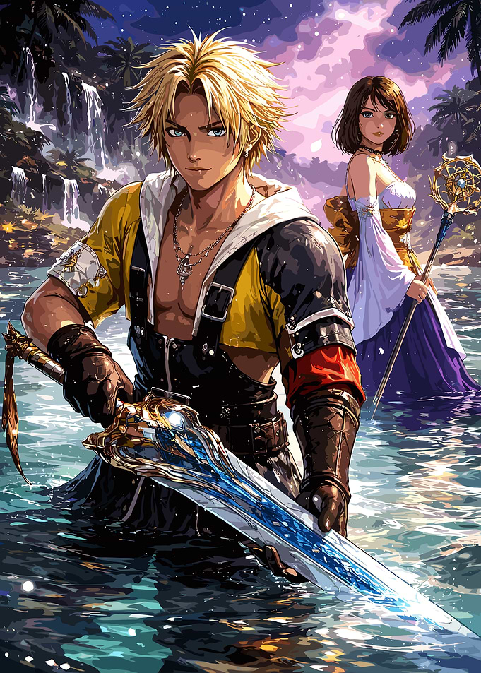 Tidus and Yuna in a tropical setting