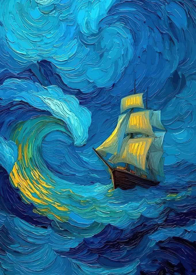 Ship sailing through stormy seas