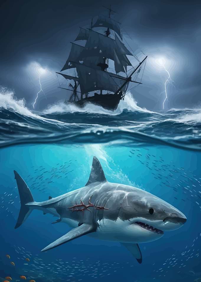 Shark and Pirate Ship in Storm