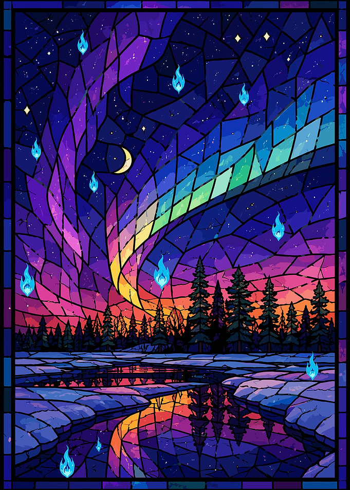 Stained Glass Aurora Borealis Landscape