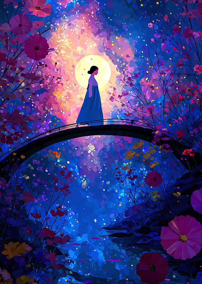 Woman on a bridge in a magical garden