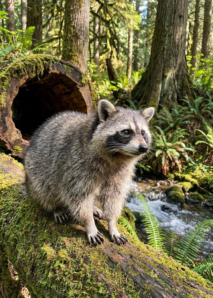 Raccoon on a mossy log by a stream