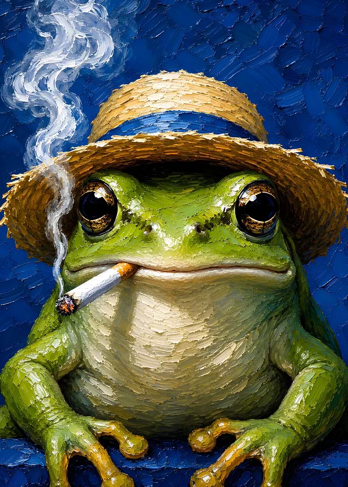 Frog Wearing Straw Hat Smoking