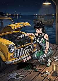 Mechanic girl Fixing Car at Night