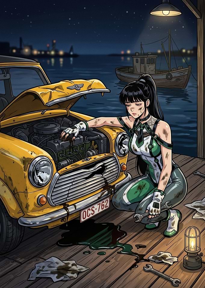 Mechanic girl Fixing Car at Night