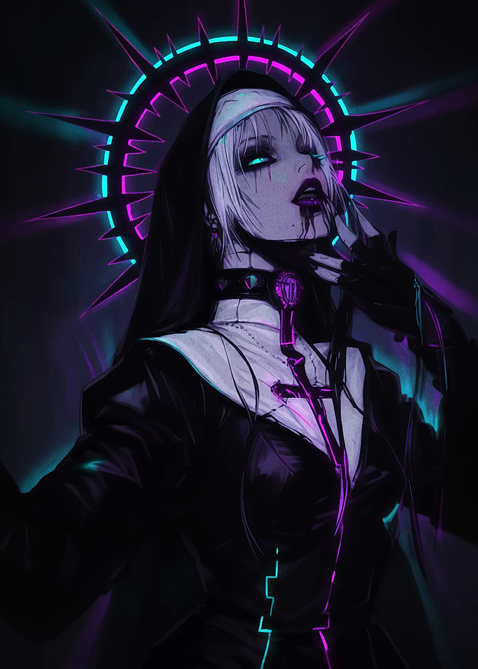 Gothic Nun with Neon Halo