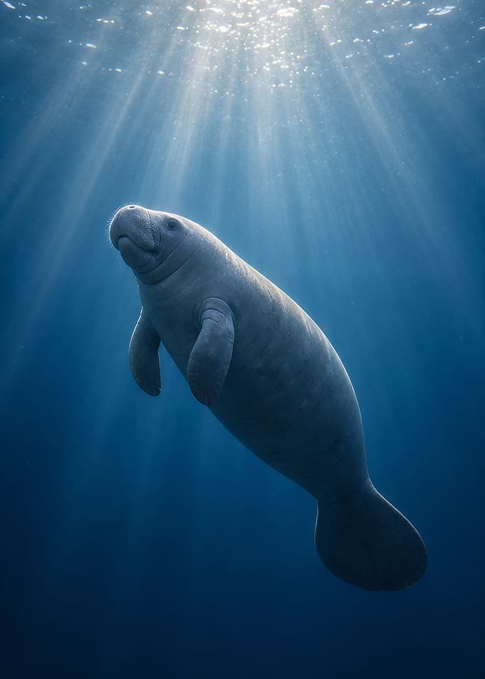 Manatee swimming in sunlit ocean