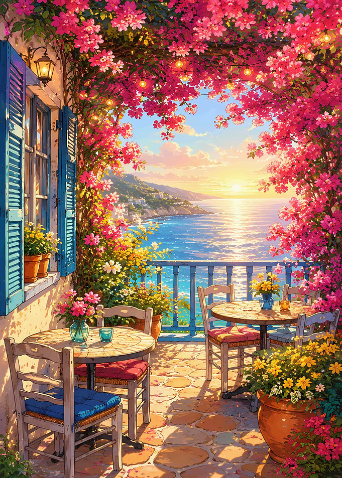 Colorful Mediterranean Sea View Café Terrace