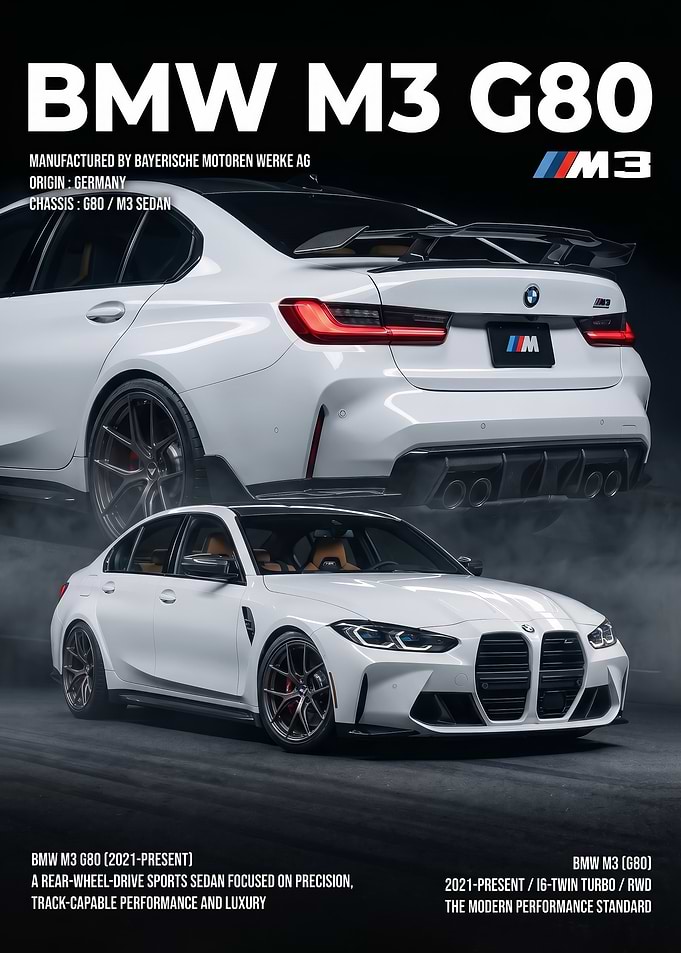 sleek white M3 G80 Sports car poster