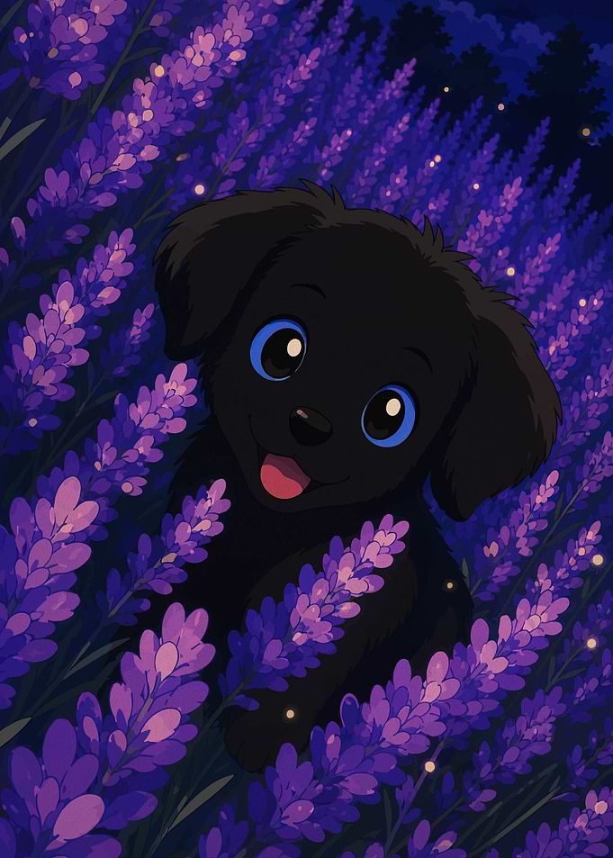 Cute black puppy in lavender field