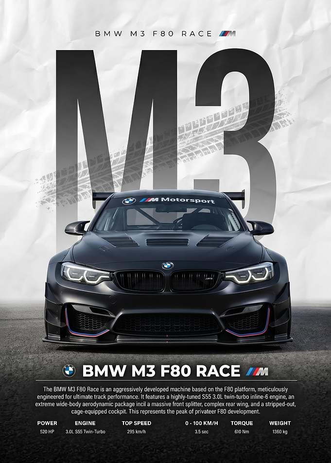 sleek black BMW M3 F80 Race Car poster