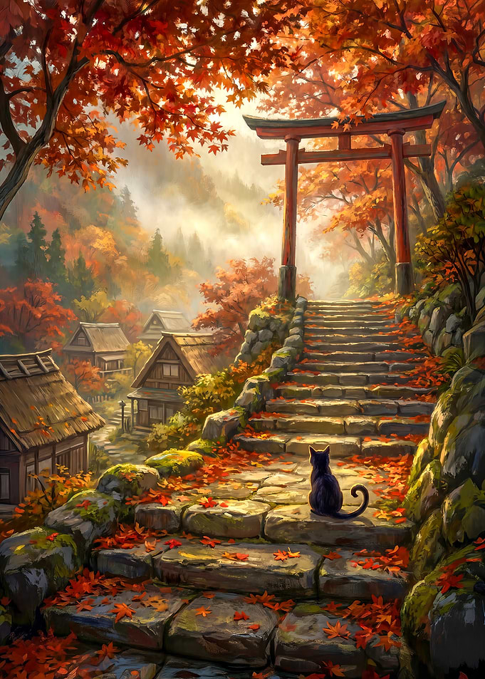 Black Cat on Autumn Stone Steps to Japanese Shrine