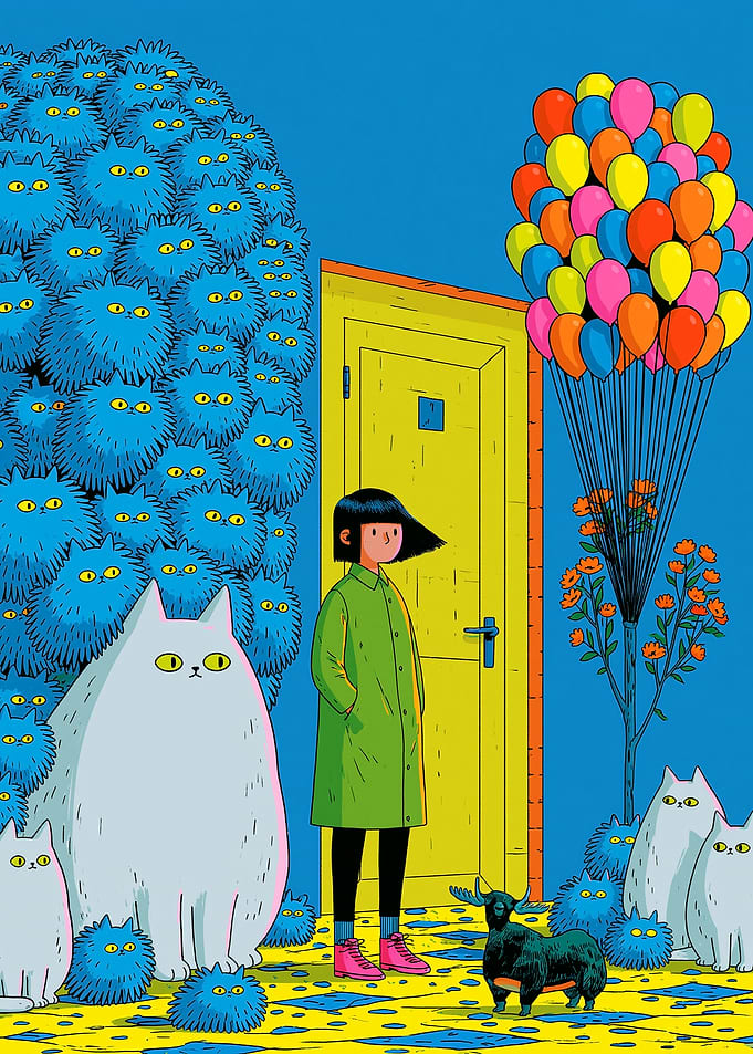 Girl with Balloons and Cats