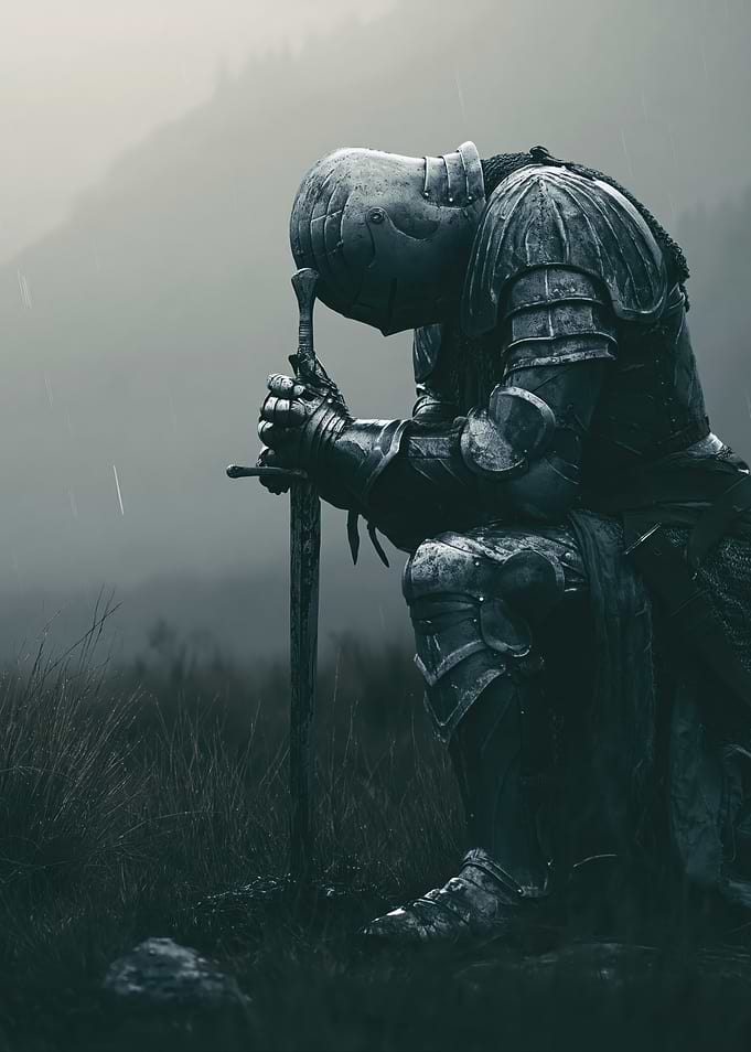 Knight Kneeling in Rain